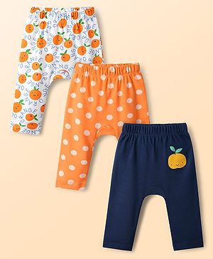 Babyhug Interlock Cotton Knit Full Length Diaper Leggings With Polka Dots & Fruits Print Pack Of 3 - Navy Blue Orange & White