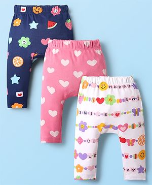 Babyhug Interlock Knit Full Length Heart & Fruit Printed Diaper Leggings Pack of 3 - White Pink & Navy Blue