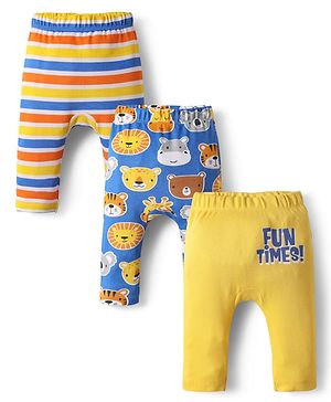 Babyhug Interlock Knit Full Length Diaper Leggings with Stripes & Animal Print Pack Of 3 - Blue & Yellow