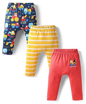 Babyhug Interlock Knit Full Length Diaper Pants with Stripes & Vehicle Print Pack of 3  - Yellow & Navy Blue