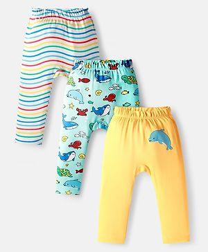 Babyhug Cotton Interlock Knit Full Length Diaper Pant with Stripe & Sea Animal Print Pack of 3 - White Yellow & Aqua Blue