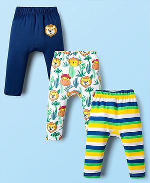 Babyhug Cotton Knit Full Length Diaper Leggings With Animal Print & Stripes Pack Of 3 - Navy Blue White & Yellow