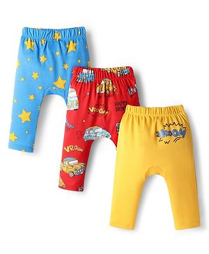 Babyhug Interlock Knit Full Length Diaper Leggings with Star & Car Print Pack of 3 - Yellow Red & Blue
