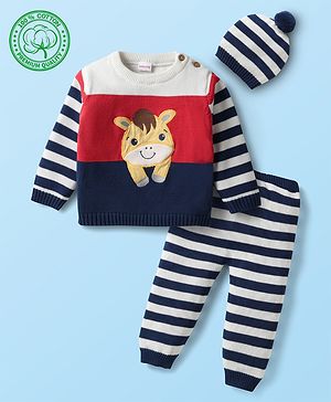 Babyhug Organic Cotton Full Sleeves Striped Pullover Sweater Set with Cap & Patch Detailing - Multicolor