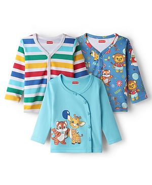 Babyhug 100% Cotton Front Open Full Sleeves Stripes & Animal Printed Jhablas Pack Of 3 - Multi Colour