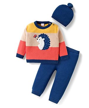 Babyhug Organic Cotton Knit Full Sleeves Sweater Set with Color Block Design Porcupine Patch & Cap - Navy Blue