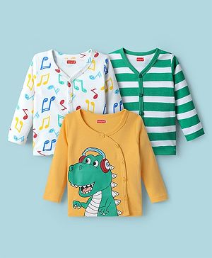 Babyhug 100% Cotton Interlock Knit Full Sleeves Front Open Jhablas with Stripe Design & Dino Print Pack of 3 - White Green & Mustard