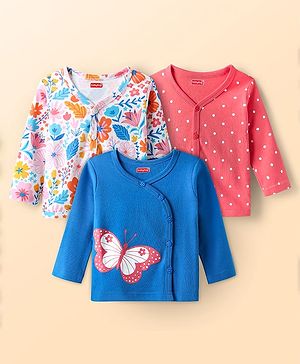 Babyhug 100% Cotton Interlock Knit Full Sleeves Front Open Jhablas With Floral Print & Polka Dots Prints Pack Of 3 - Blue White & Pink