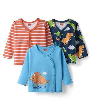 Babyhug 100% Cotton Full Sleeves Front Open Vest With Stripes & Animal Print Pack Of 3 - Light Blue Red & Navy Blue