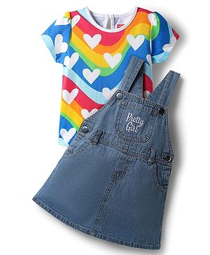 Babyhug Cotton Woven Frock & Half Sleeves Inner Tee With Heart Print - Blue