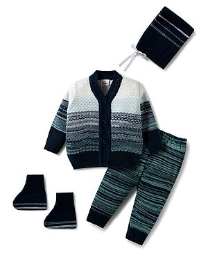 Babyhug Knitted Full Sleeves Striped Sweater Set With Cap & Booties - Navy Blue