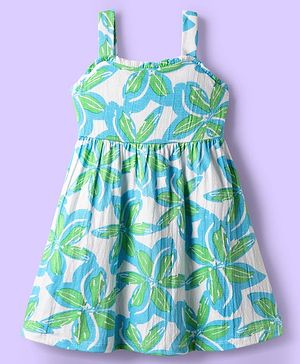 Babyhug Cotton Knit Sleeveless Frock With Floral Print - Sea Green