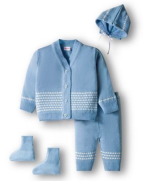 Babyhug Knit Full Sleeves  Front Open Sweater Sets With Cap & Booties With Stripes - Light Blue