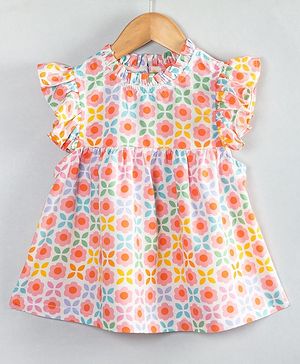 Hugsntugs Woven Cotton Sleeveless Frill Detailed Floral Printed Top - Multi Colour