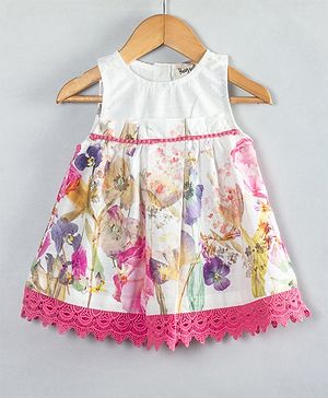 Hugsntugs Woven Cotton Sleeveless  Floral Printed Lace Embellished Dress - White