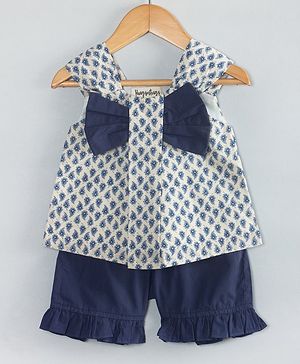 Hugsntugs Cotton Sleeveless Leaves Printed Bow Applique Detailed Top & Shorts Set - Navy Blue