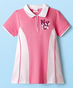 Babyhug Single Jersey Knit Half Sleeves Text Printed Dress With Collar Neck - Pink