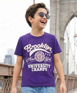 Pine Kids Cotton Knit Half Sleeves T-Shirt With New York Print - Purple