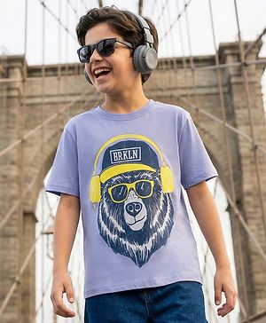Pine Kids Cotton Knit Half Sleeves T-Shirt with Lion Print - Purple