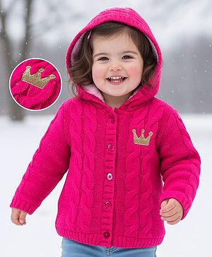Babyhug Knit Full Sleeves Hooded Front Open Sweater with Cable Knit Design - Dark Pink