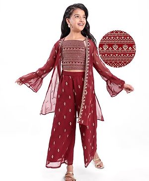 Pine Kids Three Fourth Bell Sleeves Indo western Sets with Jacket Embroidery & Sequin Detailing - Maroon