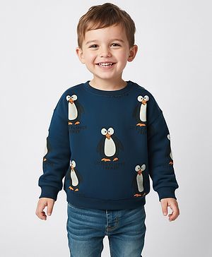 Bonfino 100% Cotton Fleece Full Sleeves Sweatshirt with Penguin Print - Blue