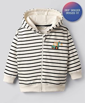 Bonfino 100% Cotton Fleece Knit Full Drop Shoulder Sleeves Striped Hooded Sweatjacket With Vehicle Print - Off White