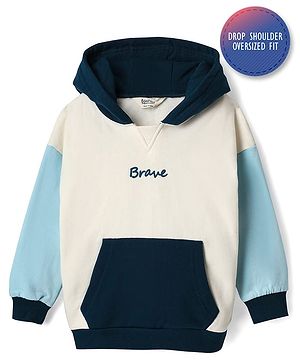 Bonfino 100% Cotton Fleece Knit Full Drop Shoulder Sleeves Hooded Sweatshirt with Kangaroo Pockets &   Brave Text Print - Offwhite & Light Blue