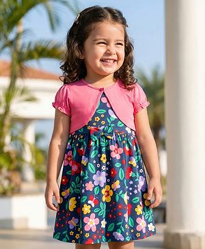 Babyhug Single Jersey Knit Frock & Half Sleeves Shrug With Floral Print & Bow Applique - Navy Blue & Pink