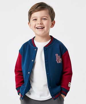 Bonfino 100% Cotton Fleece Knit Full Sleeves Bomber Jacket with LA Print - Navy Blue