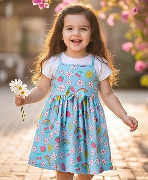 Babyhug Cotton Knit Half Sleeves Frock With Inner T-Shirt  with Floral Print with Bow Applique - Light Blue