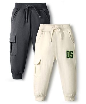 Bonfino 100% Cotton Fleece Knit Full Length Solid Trackpant with Cargo Pockets Pack of 2 - Grey & Off White