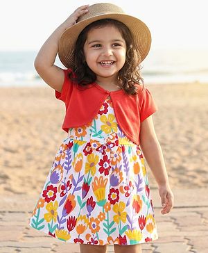 Babyhug Single Jersey Knit Frock & Half Sleeves Shrug With Floral Print - Dark Pink & White