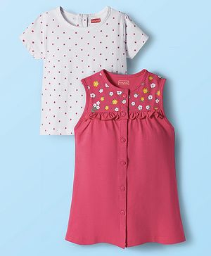 Babyhug Single Jersey Knit Floral Printed Frock With Inner Half Sleeves Tee - Red