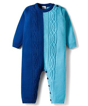 Babyhug Knit Full Sleeves Winter Wear Color Block Romper With Knit Design - Navy Blue & Light Blue