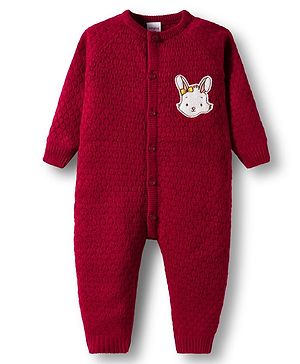 Babyhug Sweater Knit Full Sleeves Winter Wear Romper with Bunny Embroidery Patch - Maroon