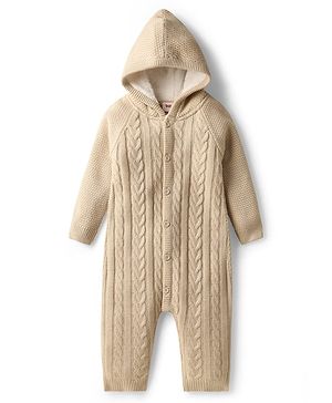 Babyhug Knit Full Sleeves Hooded Winter Wear Romper With Cable Knit Design - Beige