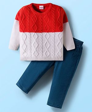 Babyhug Knitted Full Sleeves Sweater Set With Cable Knit Design - Red White & Navy Blue