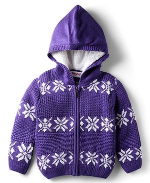 Babyhug Knit Full Sleeves Hooded Front Open Sweater With Floral & Cable Knit Design - Purple