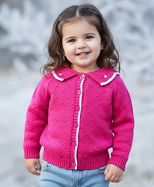 Babyhug Knit Full Sleeves Front Open Sweater with Inner Fur Lining & Collar Detailing - Pink