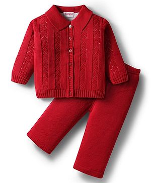 Babyhug Knit Full Sleeves Front Open Sweater Set with Schiffli Design - Red