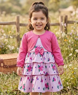 Babyhug Cotton Knit Full Sleeves Floral Printed Frock With Shrug & Bow Applique - Pink