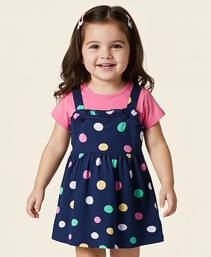 Babyhug Cotton Knit Half Sleeves T-Shirt with Bobby Print Frock  - Pink & Navy