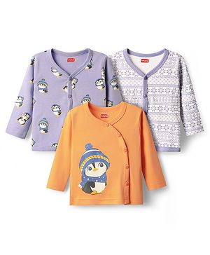 Babyhug 100% Cotton Front Open Full Sleeves Jhablas With Floral & Penguin Print Pack Of 3 - Lilac White & Orange