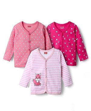 Babyhug 100% Cotton Interlock Knit Full Sleeves Front Open Jhablas With Floral & Polka Dots Print Pack Of 3 - Pink & Dark Pink