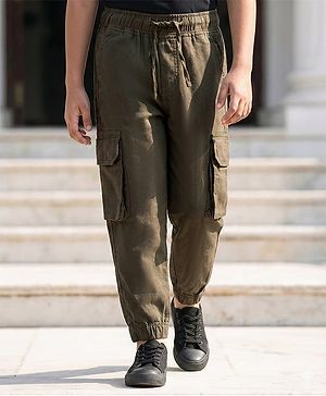 Pine Kids Cotton Elastane Woven Full length Trouser With Cargo Pockets - Olive Green