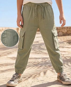 Pine Kids Cotton Elastane Woven Full Length Solid Coloured Trouser With Cargo Pockets - Khaki