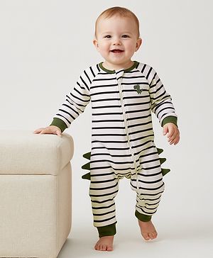 Bonfino 100% Cotton Fleece Knit Full Raglan Sleeves Striped Romper - Off White