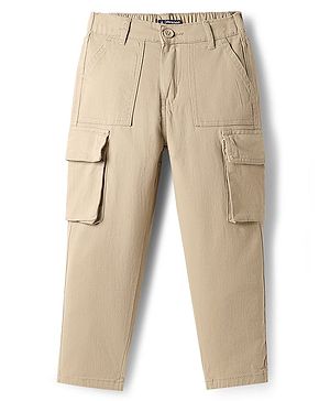 Pine Kids Cotton Elastane Woven Full Length Solid Coloured Trouser With Cargo Pockets - Khaki