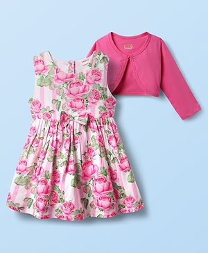 Babyhug Cotton Knit Frock & Full Sleeves Shrug With Floral Print & Bow Applique - Light Pink